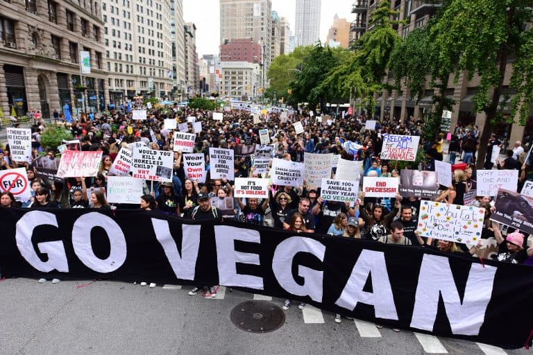 Activists with a "Go Vegan" sign