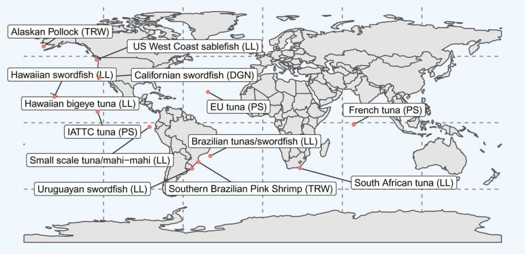 Map from pons et al. 2022 showing the 15 fisheries used in the study