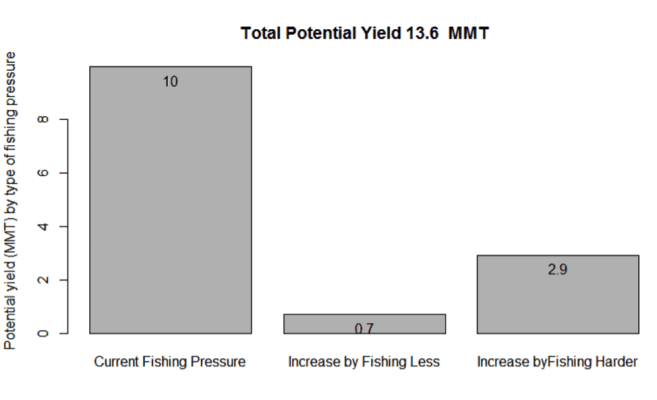 Figure 10. Long term yield to be obtained under current fishing pressure, and how much could be obtained by fishing overexploited stocks less, and underexploited stocks more.